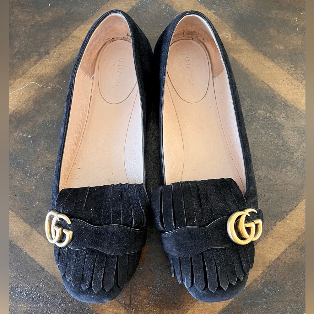 Gucci Black Suede Marmont Flats, Size 9/9.5, some wear